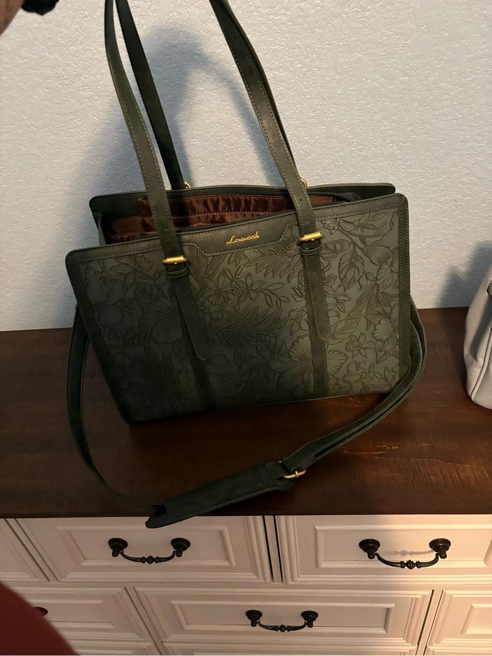 Love nook Olive Green Floral-Embossed Tote Bag